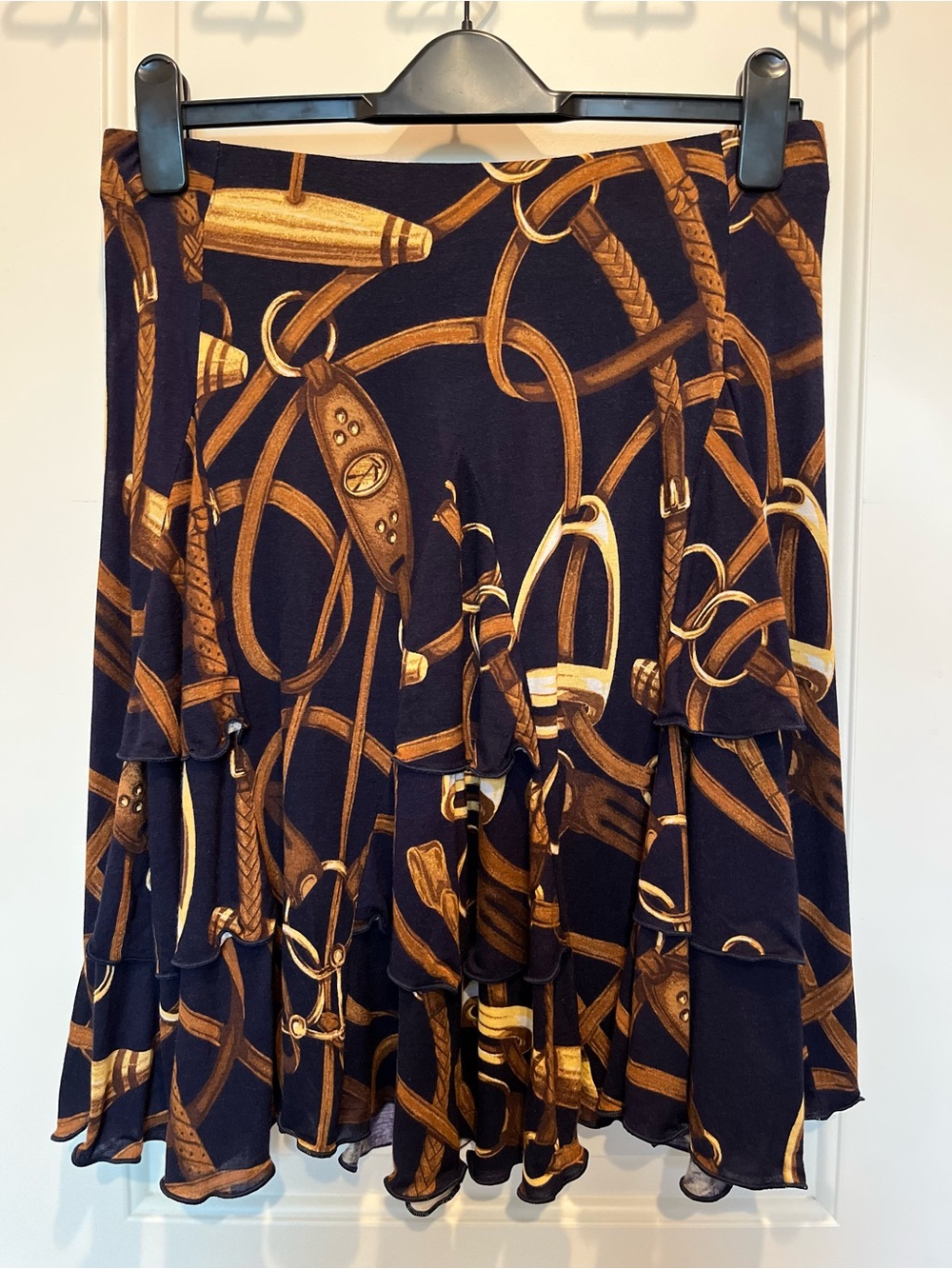 NWT Lauren Ralph Lauren Navy Tiered Ruffle Midi Skirt w/ Brown Equestrian Print